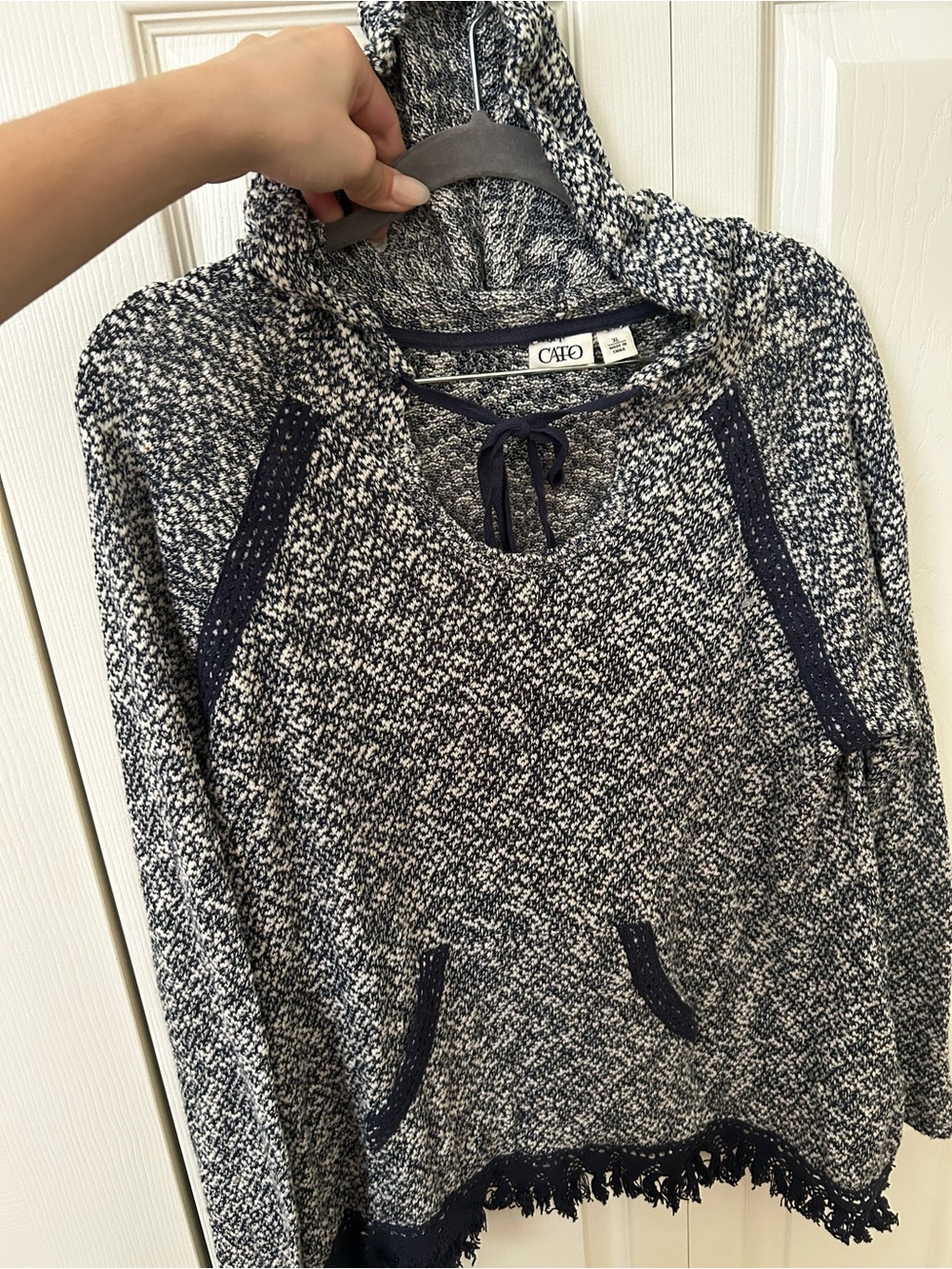 Cato Navy & White Marled Knit Hoodie with Front Tie